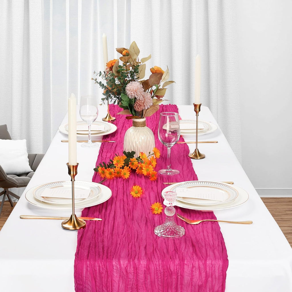 Skiennix Hot Pink Table Runner - 10Ft Gauze Cheesecloth | 35x120 Inch Boho Sheer Fabric for Events