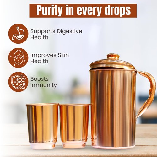Copper Pitcher with Lid & 2 Tumbler Glasses - 1500ml/50 Oz Pure Copper Handmade Jug | Smooth Finish, Boost Hydration, Support Sugar Intake Control & Health Benefits