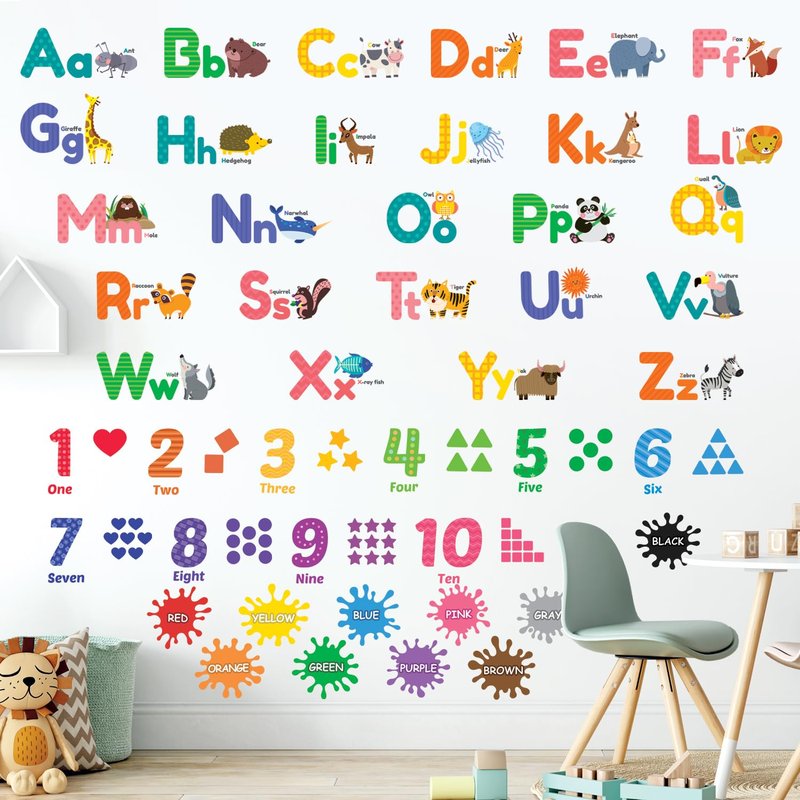 DECOWALL DS12-8070N Animal Alphabet Numbers Colour Weather Kids Wall Stickers Decals playroom Letters Decor Bedroom ABC Nursery Classroom Toddlers Learning Educational Baby Rainbow Colorful
