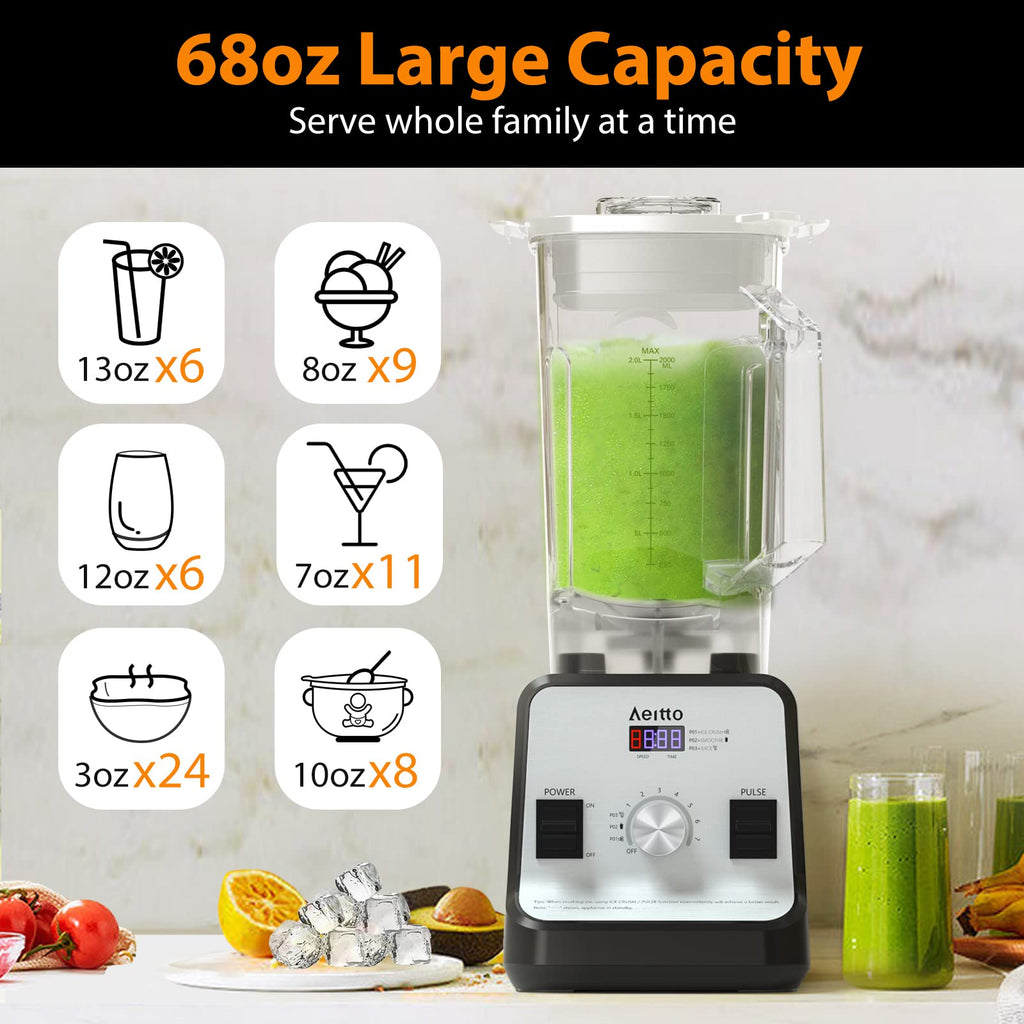 Aeitto Blender for Kitchen, 68 Oz Large Capacity Professional Countertop Blender, 1500-Watt Smoothie Blender for Ice Crush, Frozen Drinks, Silver