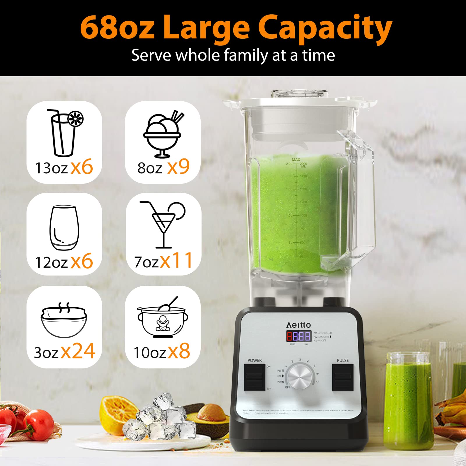 Aeitto Blender for Kitchen, 68 Oz Large Capacity Professional Countertop Blender, 1500-Watt Smoothie Blender for Ice Crush, Frozen Drinks, Silver