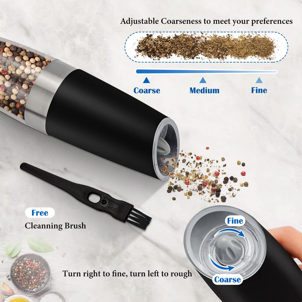 Gravity Electric Salt and Pepper Grinder Set, Battery Powered LED Light One Hand Automatic Operation, Adjustable Coarseness Mill Grinders Shakers Black (A.Black 2p)