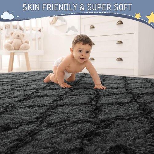 LOCHAS Luxury Shag Area Rug 8 x10 Feet Geometric Plush Fluffy Rugs, Extra Soft Carpet Runner Rugs for Bedroom Living Room Dorm Kids, High Pile Shaggy Floor Rug Decor, Dark Grey/Black