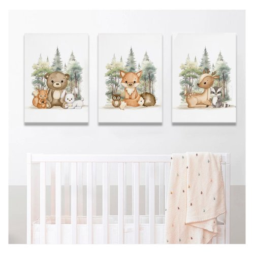 3 Pcs Nursery Woodland Animals Canvas Wall Art Fox Bear Deer Painting Picture Wall Decor Cute Wild Animals Poster Print Artwork For Baby Bedroom Kids Room Home Decoration 16inx24in Framed