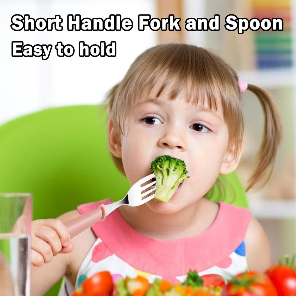 Skiennix Toddler Utensils Set - 12-Piece Stainless Steel Forks & Spoons | Dishwasher Safe, Round Handle