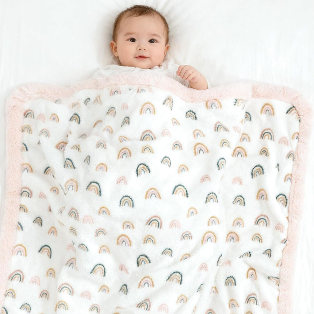 Rainbow Baby Blankets - Ultra Soft Cozy Fluffy Design with Rabbit Faux Fur Backing | 30x40 Inches