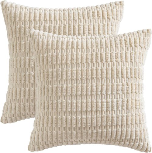 MIULEE Corduroy Decorative Throw Pillow Covers - Soft Boho Striped Design, 12x12 Inch, Cream White