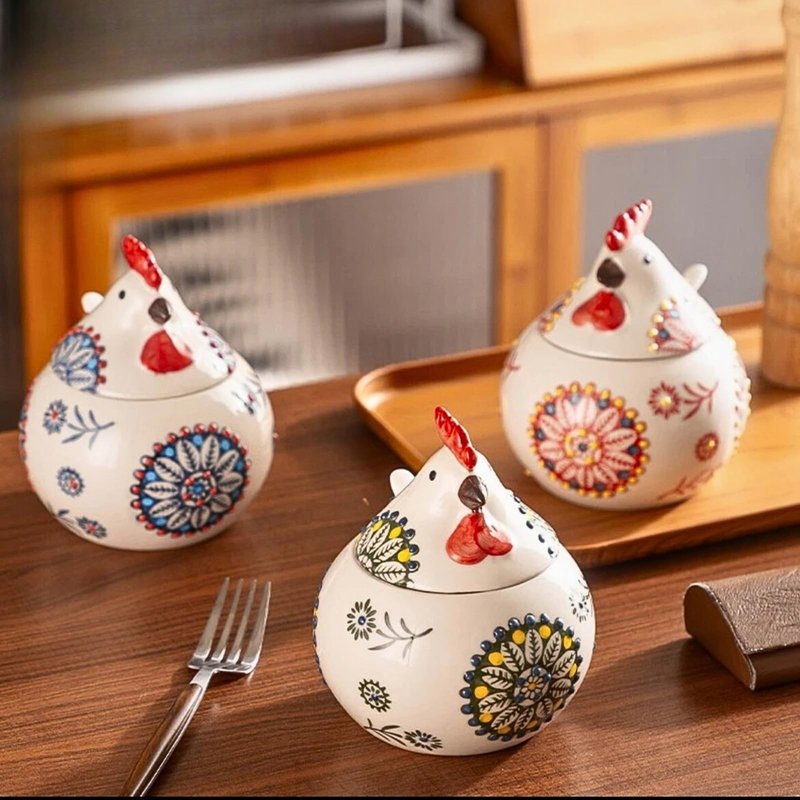 XIEFFICH 13.5 Oz Salt Cellar With Lid and Spoon (Blue)- Ceramic Chicken Spice Jars for Salt, Sugar, Pepper - Spice Containers for Countertop