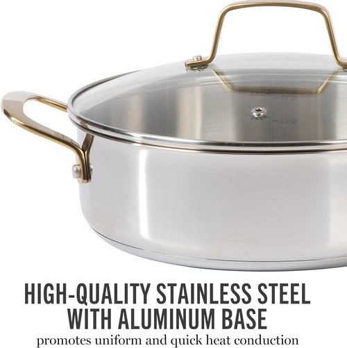 Martha Stewart Castelle 10-Piece Stainless Steel Cookware Set | Durable Induction Safe with Gold Handles