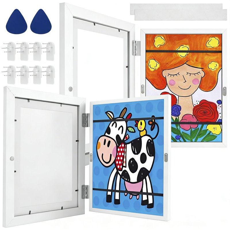 2 Pack Kids Art Frame Set A4 8.5x11 Letter Size Front Opening Photo Frames Wooden Kids Artwork Display Frame for 100 Pictures Horizontal and Vertical Picture Display for Crafts Drawing 3D Artwork