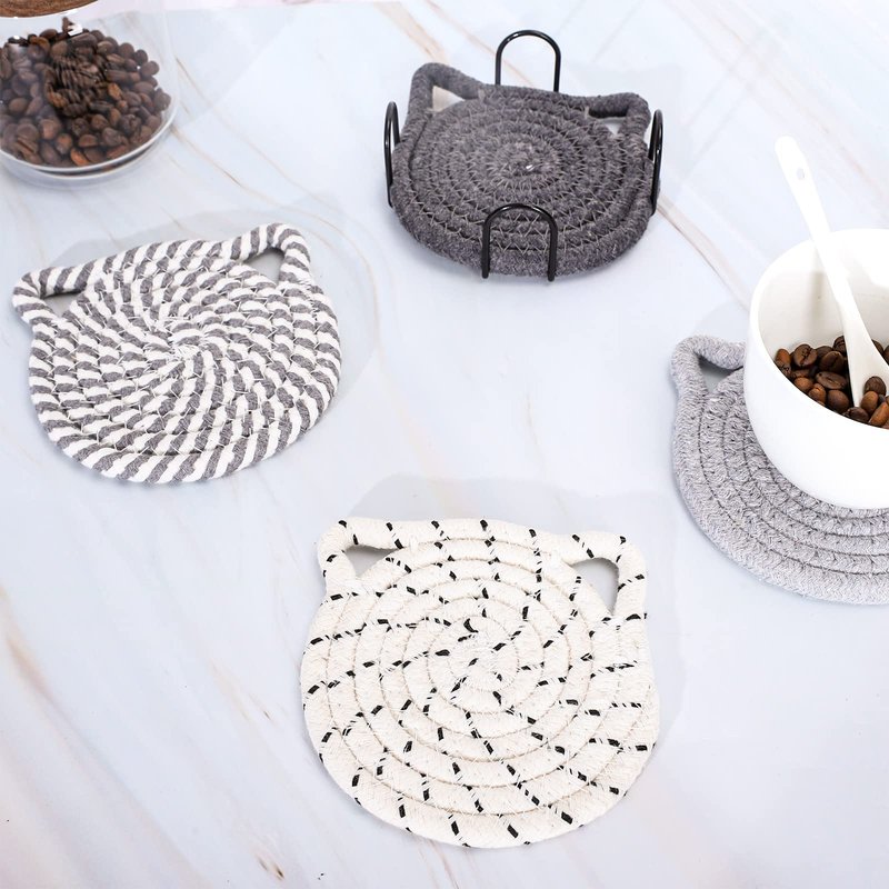 Whaline Cat Ears Coaster Set Cat Ear Shape Handmade Braided Cotton Coasters White Grey Non-Slip Absorbent Drink Coaster with Holder for Winter Christmas Birthday Housewarming Gifts Home Decor, 4Pcs