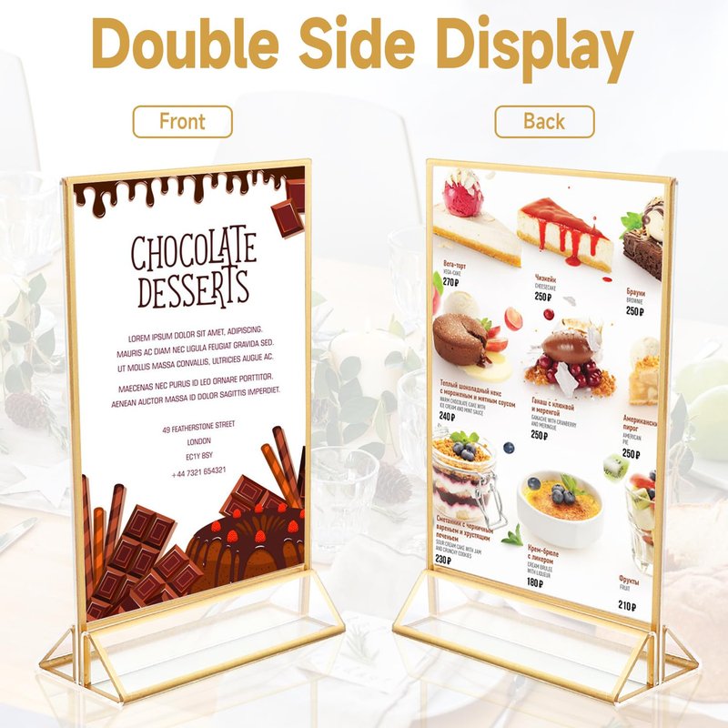 Ayuanb 5x7 Inch Acrylic Sign Holder with Gold Borders, 6 Pack Gold Picture Frames for Wedding, Double Sided Table Number Holders Menu Holders, Acrylic Stands for Display, Restaurant Signs