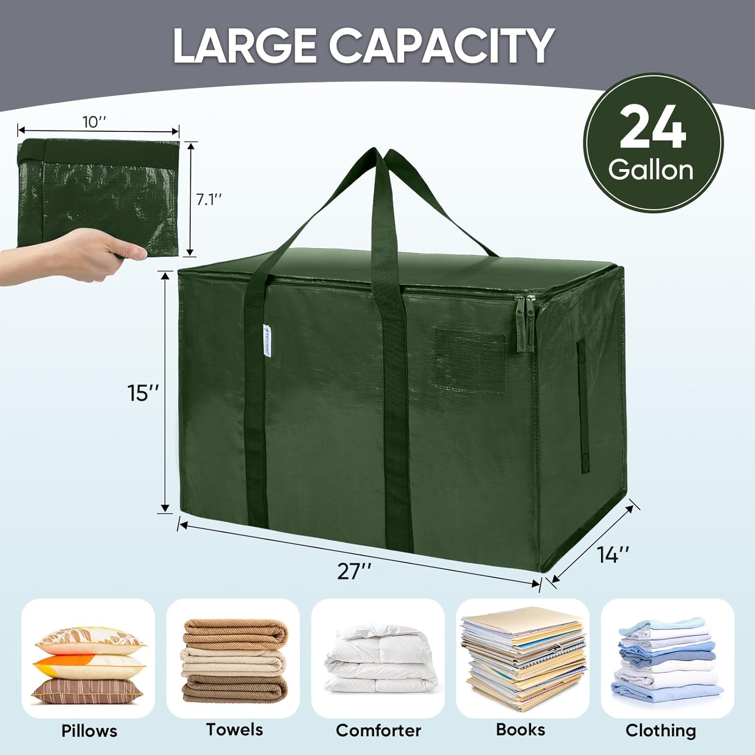 TICONN Extra Large Heavy-Duty Moving Bags - Durable Storage with Zippers & Handles | 4 Pack, Olive