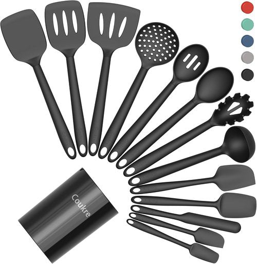 Coukre Silicone Kitchen Utensils Set - Heat-Resistant, Food-Grade Tools with Holder | 14-Piece Pure Black