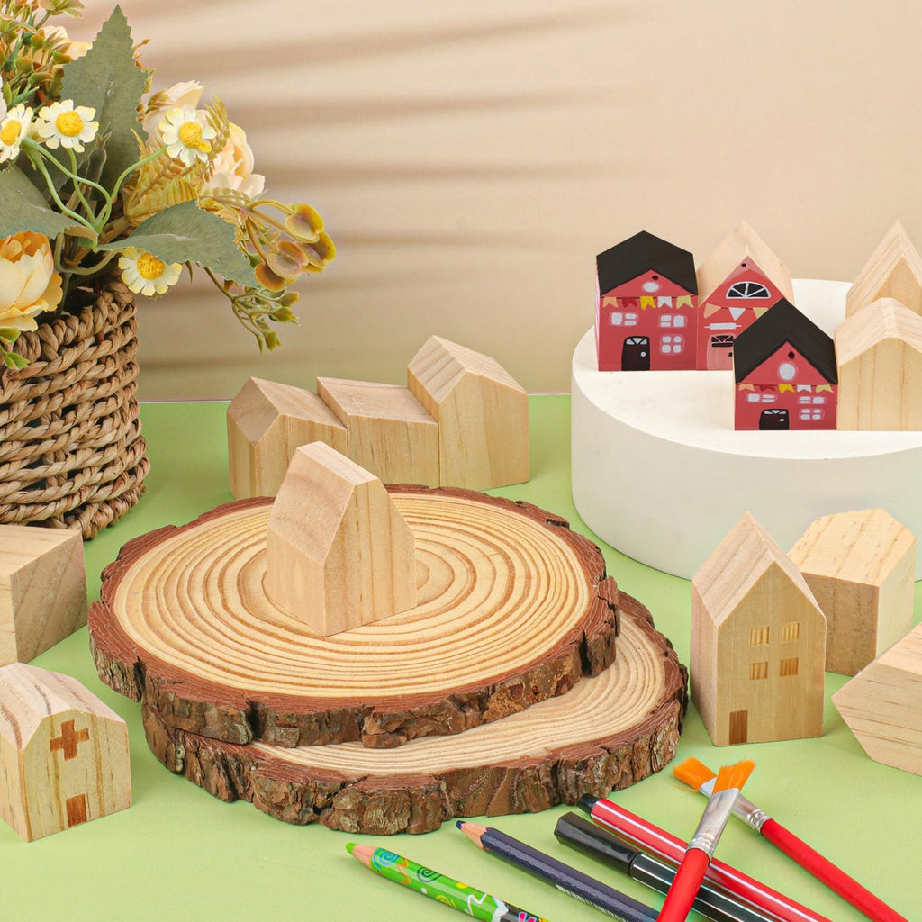 Skiennix 56 PCS Unfinished Wood House Blocks - Versatile DIY Craft Shapes for Home Decor & Festive Projects