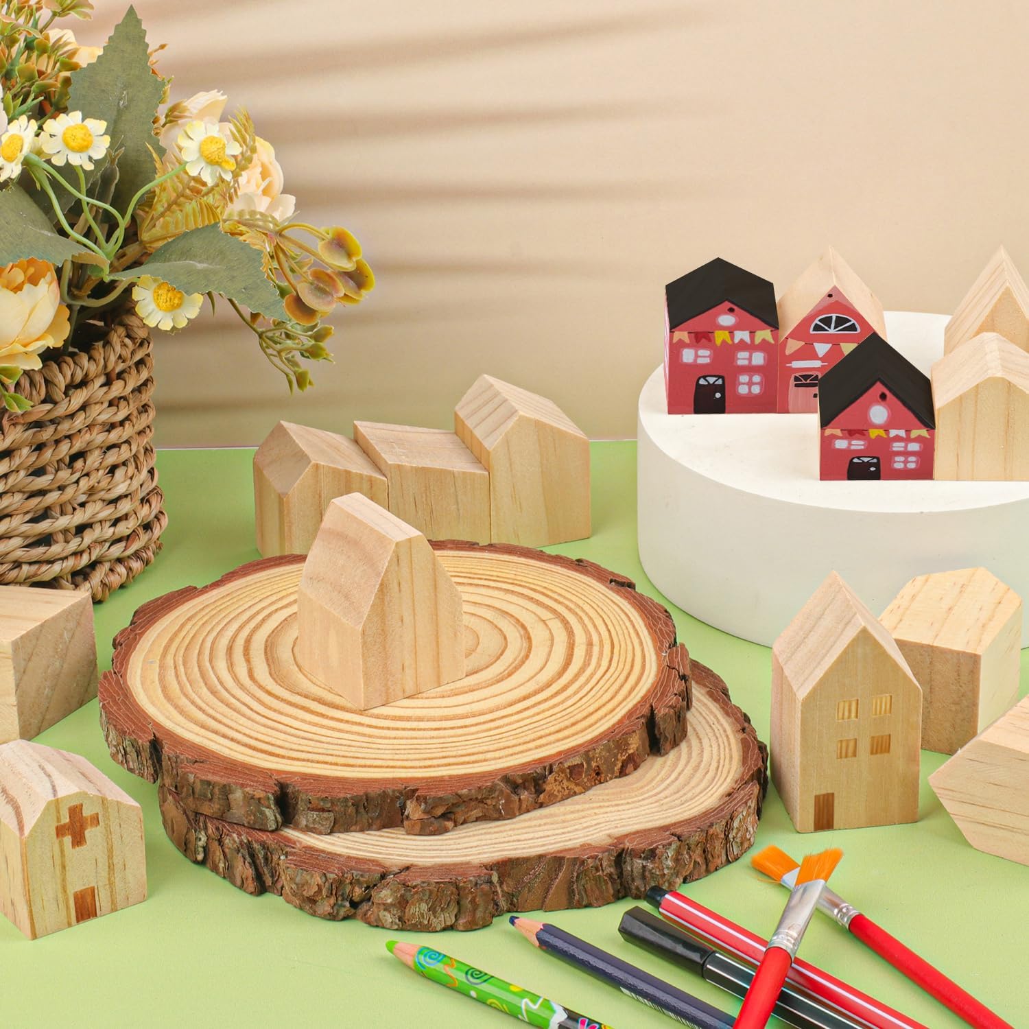 Skiennix 56 PCS Unfinished Wood House Blocks - Versatile DIY Craft Shapes for Home Decor & Festive Projects