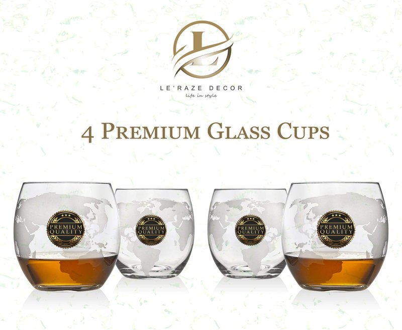 Attractive Home Bar Décor 5pc Whiskey/Wine Globe Decanter Set, World Etched Bottle with 4 Premium Glass Cups on Attractive Mahogany Wood Stand. - THE PERFECT PRESENT -