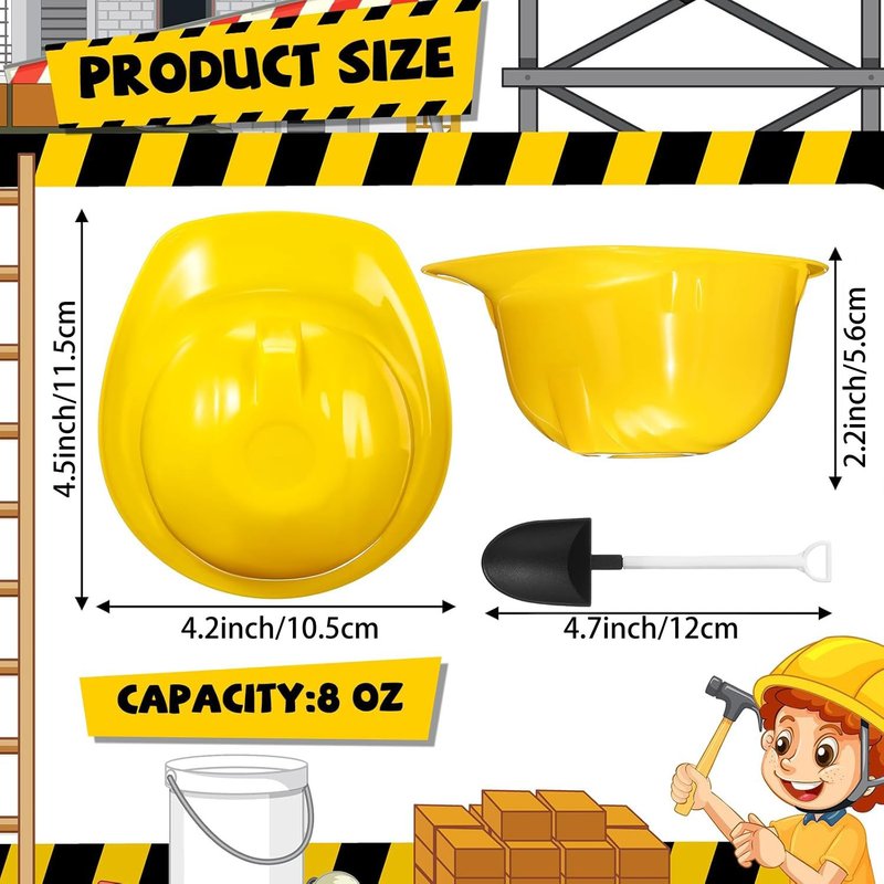 Uiifan 24 Sets Construction Ice Cream Bowls with Shovel Spoons, 8 oz Plastic Helmet Dessert Cups Snack Bowls for Construction Birthday Party Supplies, Kids Themed Party Favors (Yellow)