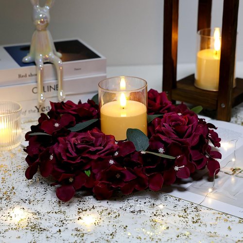 Artificial Flower Candle Rings - 6-Inch Burgundy Rose Floral Wreaths with Butterflies for Weddings & Events