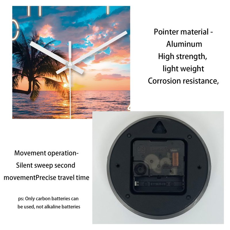 XFM Beach Wall Clocks Battery Operated 16 Inch Palm Tree Wall Clocks for Living Room Bedroom Big Round Glass Silent Wall Clock Non Ticking Sunset Tropical Seashore Clock
