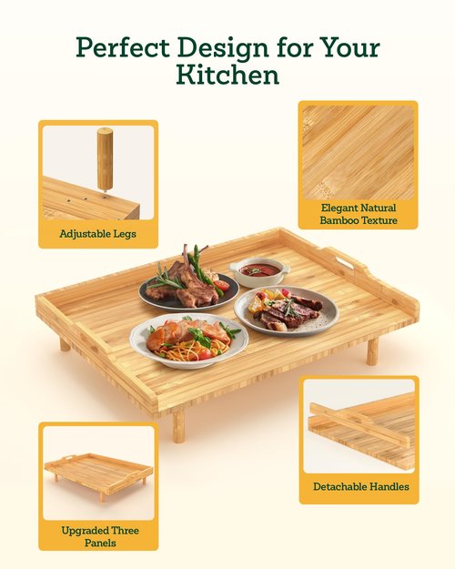 Bamboo Stove Top Cover for Electric Stove & Gas Burners - 29" x 22" Extra Large Noodle Board Stove Cover with Adjustable Legs & Handles - Multi-Use Stove Cover Cutting Board, Sink Cover, RV Accessory