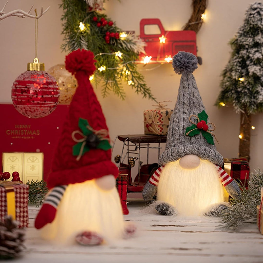 Skiennix Lighted Christmas Gnome Ornaments - LED Battery Operated Holiday Decor | 2 Pack (Red & Grey)