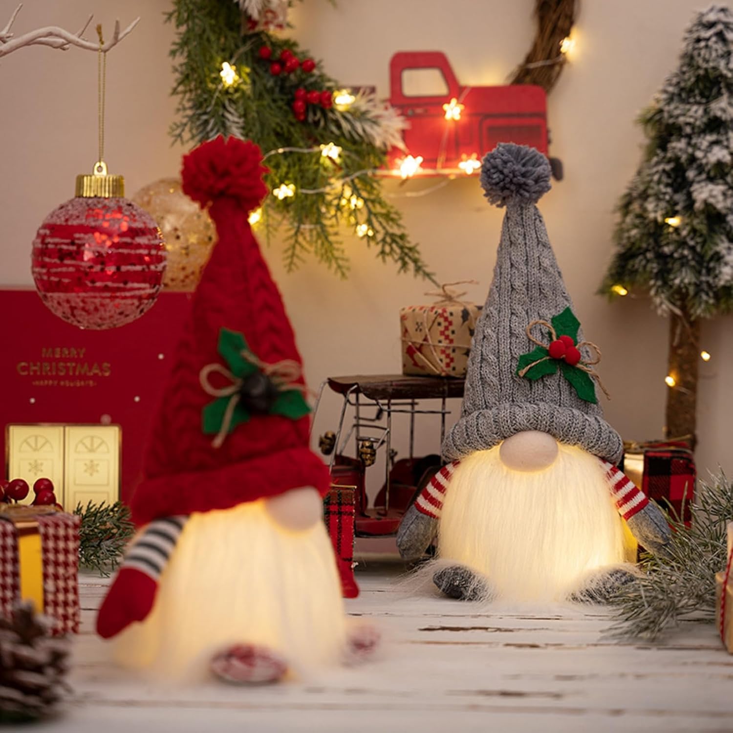 Skiennix Lighted Christmas Gnome Ornaments - LED Battery Operated Holiday Decor | 2 Pack (Red & Grey)