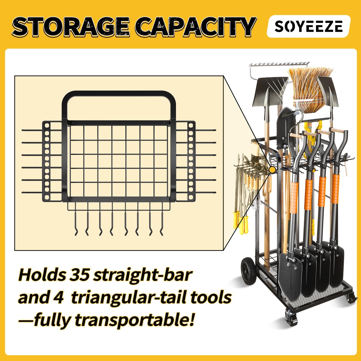 SOYEEZE Garden Tool Organizer - Heavy Duty 3-Tier Yard Tower Rack with Large Wheels | Holds 35 Tools