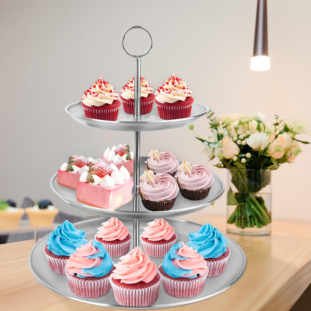 LIAISIMI 3 Tier Silver Cupcake Stand Stainless Steel Dessert Display Rack with Removable Tiered Tray for Parties,Weddings,Birthdays,Decorations,Any Festivals and Festivities(2 Pack)