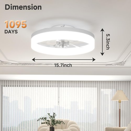 VOLISUN Low Profile Ceiling Fans with Lights and Remote, 15.7in Fandelier Ceiling Fan with Light, 3000K-6500K Dimmable Bladeless LED Fan Light, White Flush Mount Ceiling Fans with Lights for Bedroom