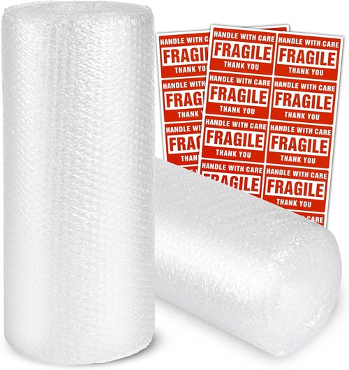 Bubble Cushioning Wrap Rolls - 2-Pack Perforated 3/16" x 17" x 72' for Safe Shipping | Includes 20 Fragile Stickers