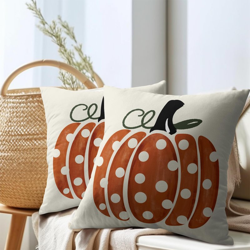 Fall Pumpkin Throw Pillow Cover 18x18 Inch Set of 2 Autumn Orange Pumpkin Outdoor Pillow Cases Polka Dot Beige Thanksgiving Farmhouse Square Cushion Covers for Sofa Couch Porch Patio Home Decor