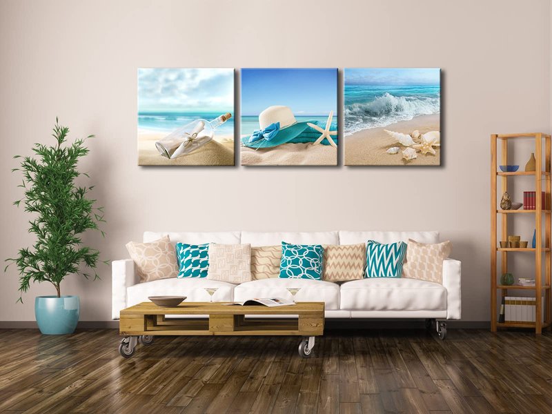 Pyradecor 3 Piece Starfish Seashell Bottle Beach Pictures Paintings on Canvas Prints Wall Art Work for Living Room Home Office Decorations Large Modern Gallery Wrapped Seascape Seaview Artwork