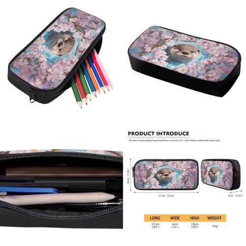 ELEDIZI Cherry Blossom Otter Backpack for Girls Kids Backpack with Lunch Box Water Bottle Carrier and Big Pencil Case 4Pcs Set 17" Bookbag with Compartments Lightweight School Bag for Elementary Girls