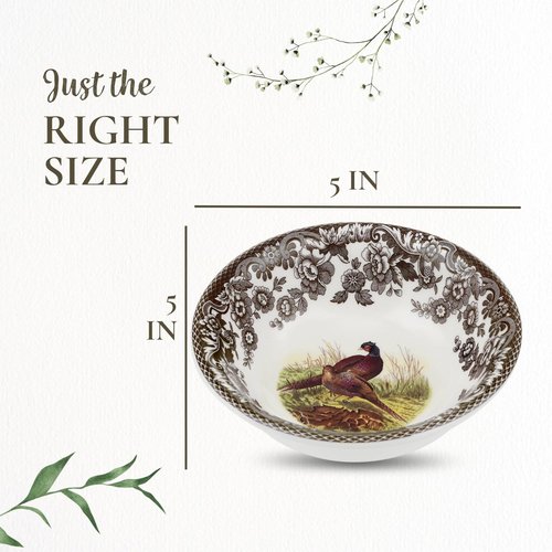 Spode Woodland Pheasant Mini Bowl - Wildlife-Themed Serveware, Ideal for Dips, Sauces or Small Portions, 5 Inch Ceramic Earthenware Bowl with British Floral Border - Microwave, Oven, Freezer Safe