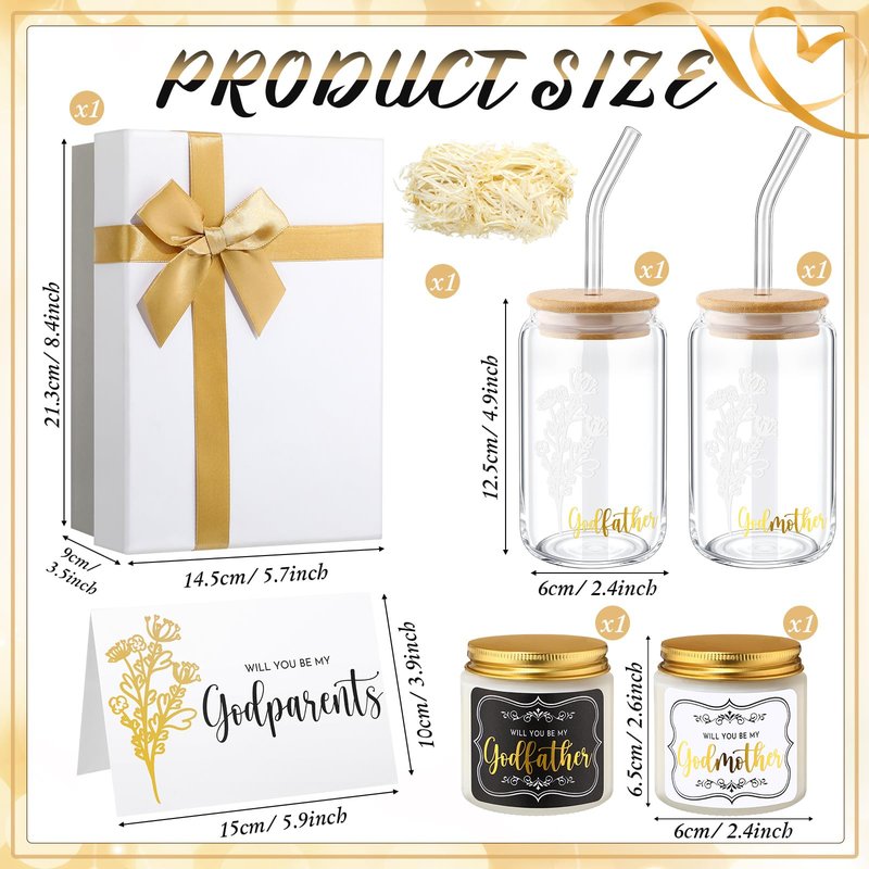 Yiyiring 9 Pcs Godparents Proposal Gift Set Will You Be My Godmother Godfather Glass Cup Scented Candle Cross Bracelet Cards Box from Godchild Baptism Padrino Madrina Uncle Aunt Gifts