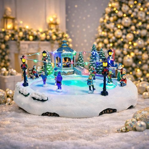Moments In Time Animated Skating Pond | 7.28” LED Christmas Village Display with Moving Skaters, Lights & Music
