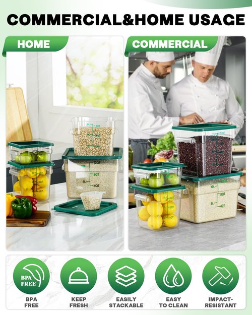 4QT NSF Food Storage Containers: 8 PCS [Food Grade][Hot&Cold Resistant] Commercial Clear Square Food Storage Containers with Scales Handles for Home Restaurant Kitchen Proof Dough(BPA FREE-GREEN)