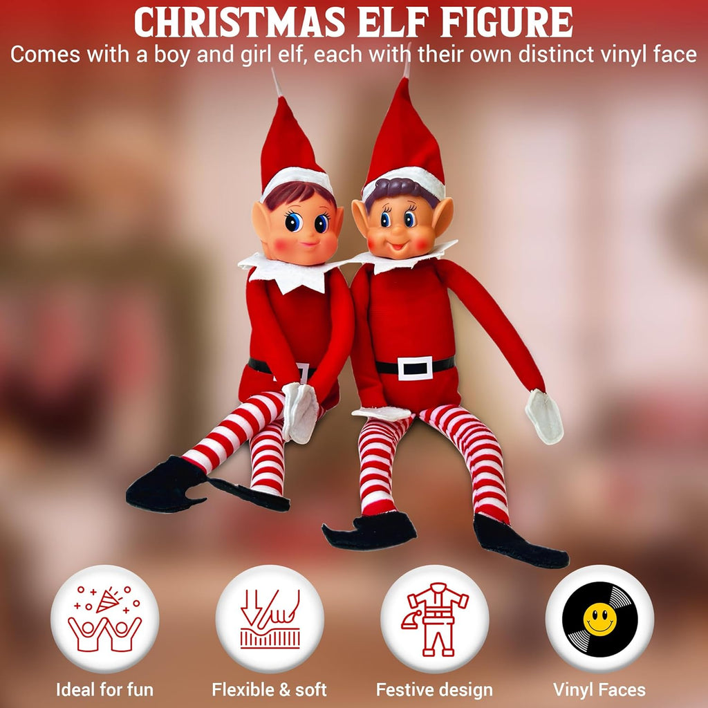 Naughty Elf Couple | 12-Inch Boy & Girl Christmas Elf Figures - Soft Bodies & Vinyl Faces for Festive Holiday Decor