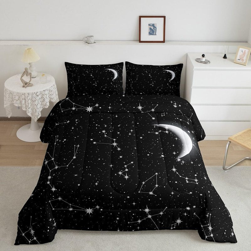 Feelyou Constellation Bedding Set Zodiac Printed Comforter for Kids Adult Galaxy Starry Sky Comforter Set Black White Space Moon Stars Pattern Duvet Set Room Decor 2Pcs with 1 Pillow Case Twin Size