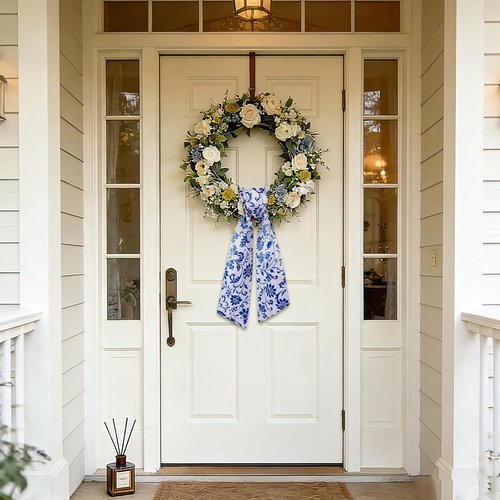 Azym Wreath Sash Set - Elegant Blue Floral Ribbon for Front Door & Indoor Decor | 2 Pcs