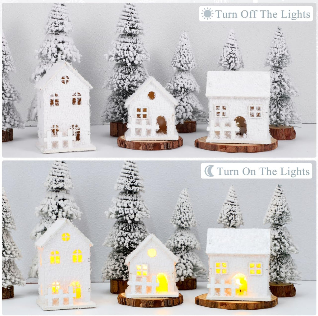 TOYANDONA LED Lighted Christmas Village Houses - 3-Piece Wooden Tabletop Decor Set