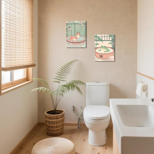 Framed Japanese Wall Art Set by [Brand Name] - Cute Tabby Cat, Fox & Frog Bathroom Decor | 12x16 Inch Canvas Prints