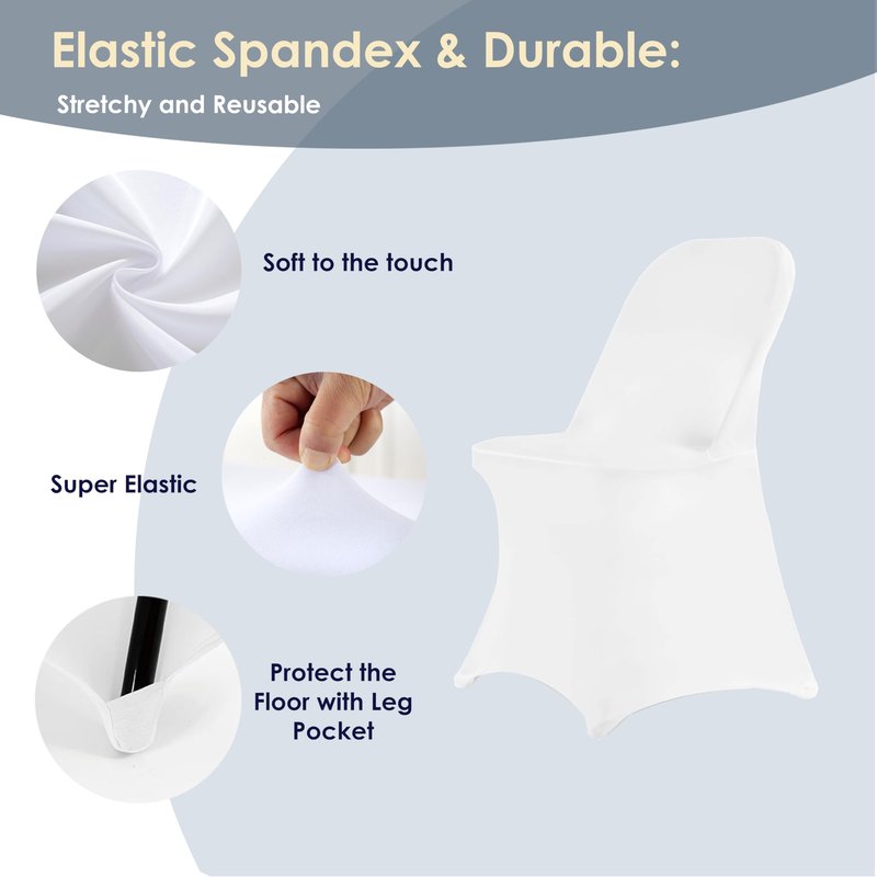 Craft And Party 50 Pack White Spandex Folding Chair Covers, Stretch Polyester Slipcovers for Wedding, Party & Dining Chairs – Flat Front Design, Universal Fit