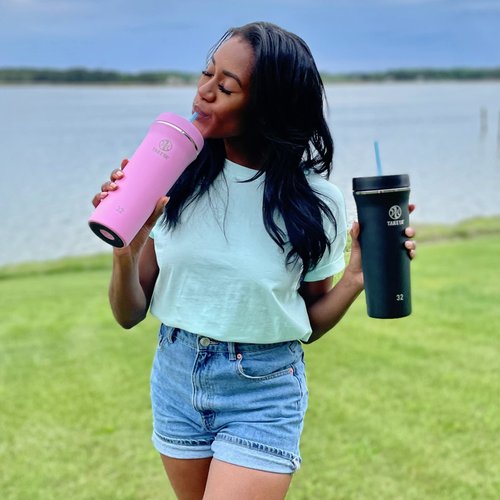 Takeya Straw Tumbler - For Coffee, Water & More - Durable with Built-In Silicone Coaster - Double Stainless Steel Insulation for Beverages - 32 oz, Pink Mimosa