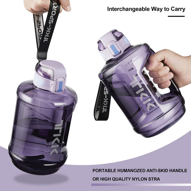 TKK Half Gallon Water Bottle Jug with Straw Time Marker Big Water Bottle Dishwasher Safe 1/2 Gallon 64 Oz Water Jug BPA Free Tritan for Gym Yoga Travel Camping Outdoor，Purple