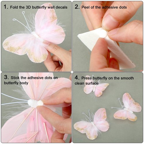 16 Pieces Feather 3D Butterfly Wall Decals Gold Glitter Butterfly Decor Stickers for Room Offices Bedroom Bathroom Living Room Decor(Light Pink)