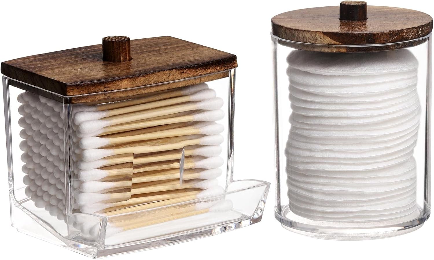 Tbestmax Q-Tips Holder - Stylish Brown Wood Lid Cotton Ball & Swab Dispenser | 10/7 OZ Apothecary Jar (2 Pcs)