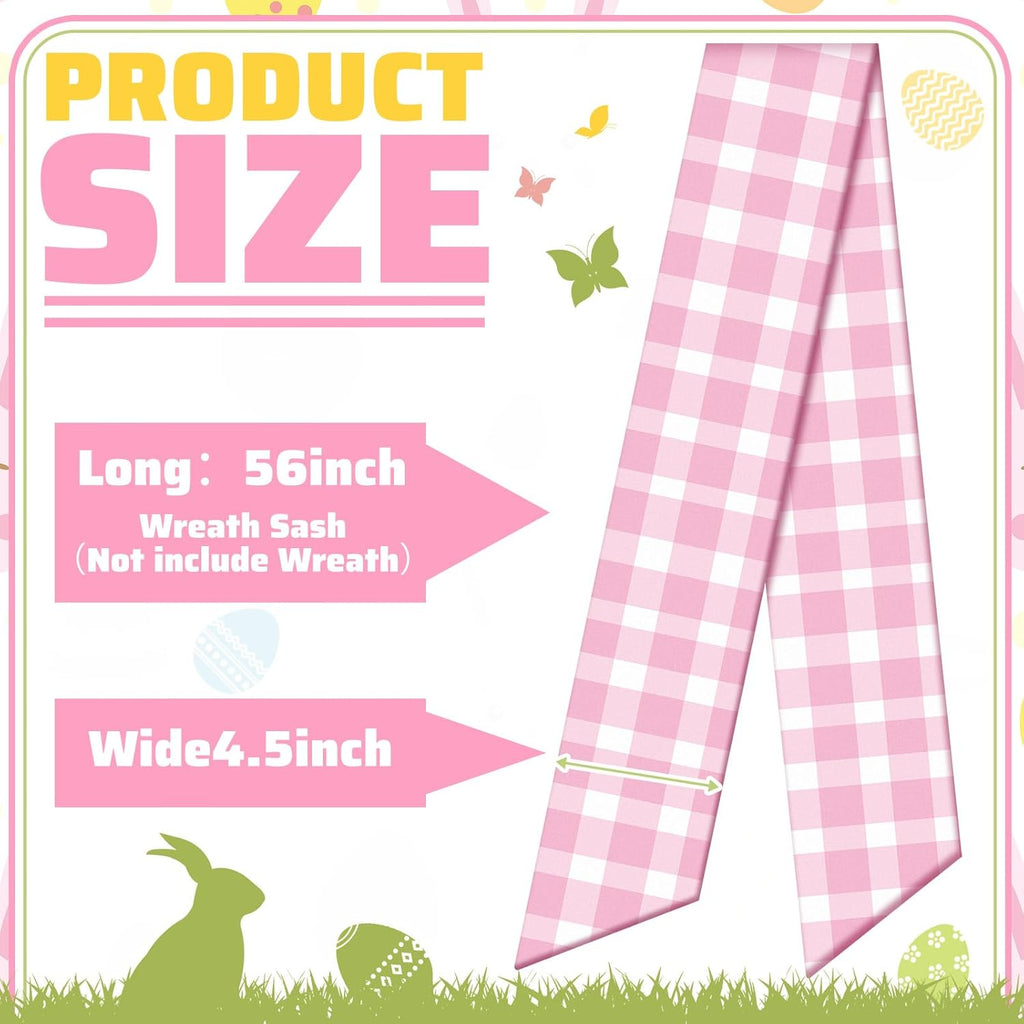 VitalCozy Wreath Sash Set - Chinoiserie Easter Spring Decor | 4.5" W x 56" L in Pink Grid