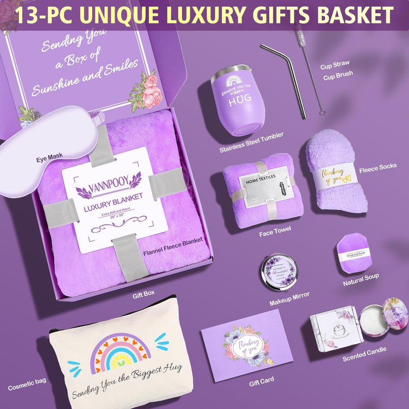 Get Well Gifts for Women, Thinking of You Gift Basket, Unique Self Care Package Relaxing Spa Gift Set, Birthday Gifts Box for Woman, Stocking Stuffers Christmas Gifts for Women Teens Adults, Purple